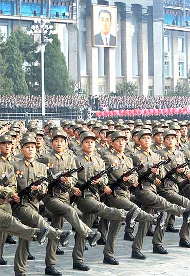 Military personnel participate in a parade in Pyongyang, North Korea