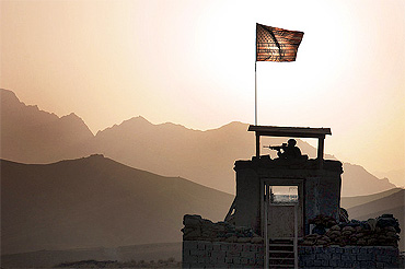A soldier provides security from a tower in the Zabul province of Afghanistan