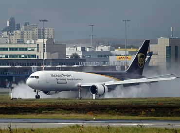 A United Parcel Service cargo plane lands in the cargo area of Cologne Bonn airport near Cologne on October 31. A bomb found on a US-bound UPS cargo plane in Britain was trans-shipped at Cologne Bonn airport in Germany on its outward journey from Yemen, British police said on Saturday