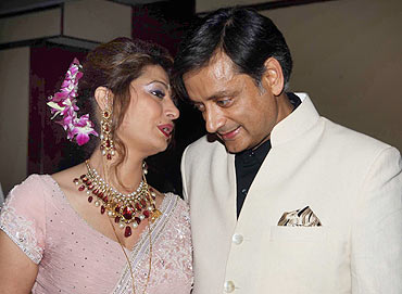 Newly wedded couple Sunanda Pushkar and MP Shashi Tharoor at their wedding reception in Indian Habitat Centre, New Delhi
