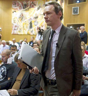 WikiLeaks founder Julian Assange attends a seminar at the Swedish Trade Union Confederation headquarters in Stockholm