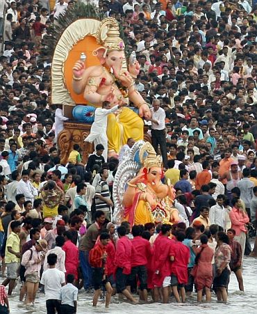 A Ganesh idol being taken for immersion