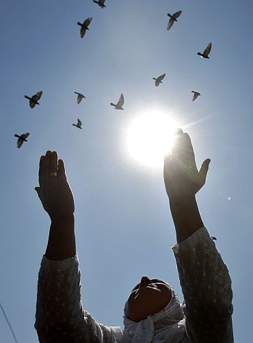 Pigeons fly past as a Kashmiri woman prays