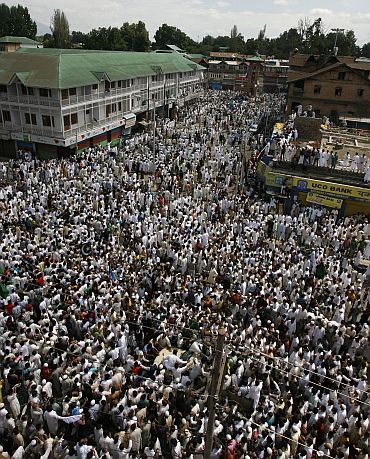 Kashmiris march during an anti-India protest in Srinagar