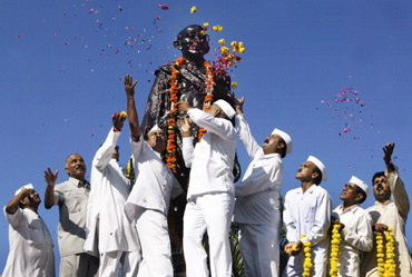 Celebrations at a Gandhi statue in Bhopal