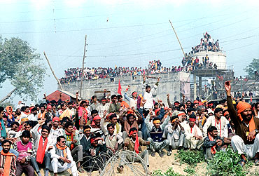 A file photograph of 'karsevaks' listening to speeches by leaders near the disputed mosque in Ayodhya