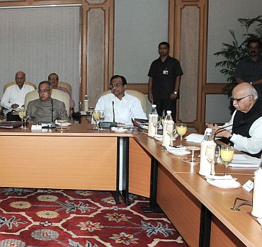Leader of the Opposition LK Advani at the meeting with Home Minister P Chidambaram and Finance Minister Pranab Mukherjee