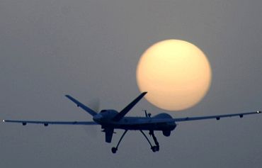 A US drone returns to base after a routine sortie