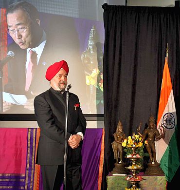 India's Permanent Representative to the UN Hardeep Puri; Also seen, UN Secretary General Ban Ki-moon