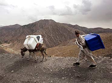 An Afghan man and a donkey transport ballot boxes to villages