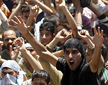 A protest underway in Srinagar against the government