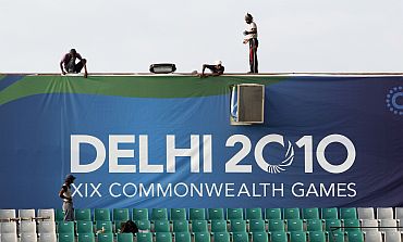 Work on at the Major Dhyan Chand National Stadium, one of the venues for the Commonwealth Games