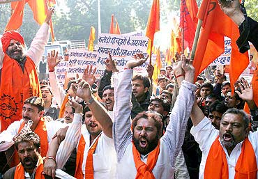 Hindu activists demand construction of the Ram temple at the dispute site