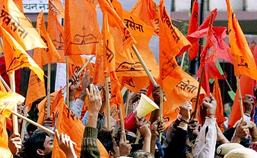 Shiv Sena activists shout slogans during a demonstration in New Delhi