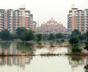 The athletes village of the 2010 Commonwealth Games is pictured surrounded by flood waters of the river Yamuna in New Delhi