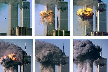 Sequence of photos shows hijacked United Airlines Flight 175 approaching and hitting the World Trade Centre's south tower, bursting into flames and raining a hail of debris on Manhattan. A gaping hole in the north tower can be seen following a similar attack earlier in the day.