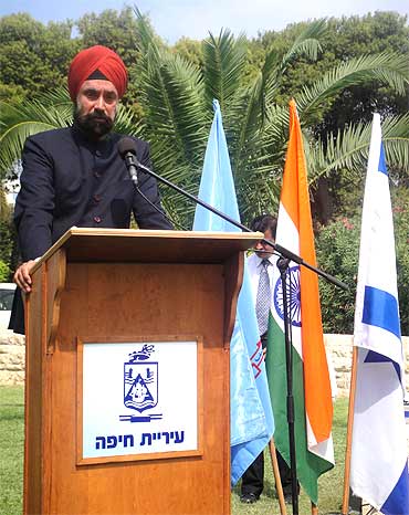 India's Ambassador Navtej Sarna speaks at the Haifa Day memorial function