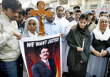 People protest the killing of Pakistani Minister for Minorities Shahbaz Bhatti during a demonstration in Lahore