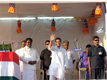 Rahul Gandhi addresses a rally at Kaladaikurichi, Sivaganga district of Tamil Nadu