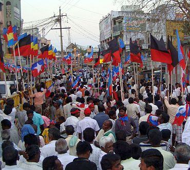 Crowds at a DMK-Viduthalai Chirutai Katchi election meeting in Perambalur on Thursday