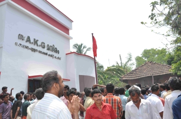 Party activists gather at the AKG Mandiram, named after the late Marxist stalwart A K Gopalan