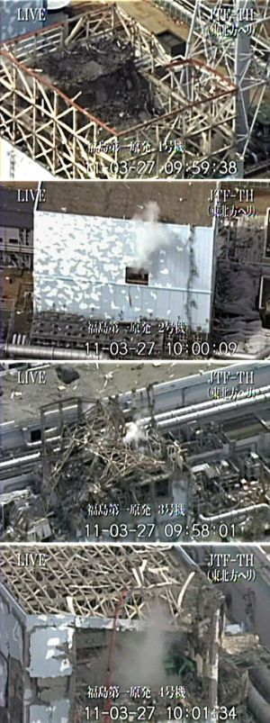 A handout combination photo from Kyodo shows (from top to bottom) No 1, No 2, No 3 and No 4 reactors at Tokyo Electric Power Co's Fukushima Daiichi Nuclear Power Plant