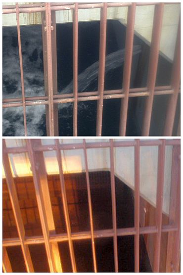A combination photograph shows a concrete pit of the crippled Fukushima Daiichi Nuclear Power Plant No 2 reactor on April 2, 2011 (top) with radioactive contaminated water leaking through a crack and on April 6, 2011 (bottom), after engineers stemmed the flow into the sea in Fukushima prefecture