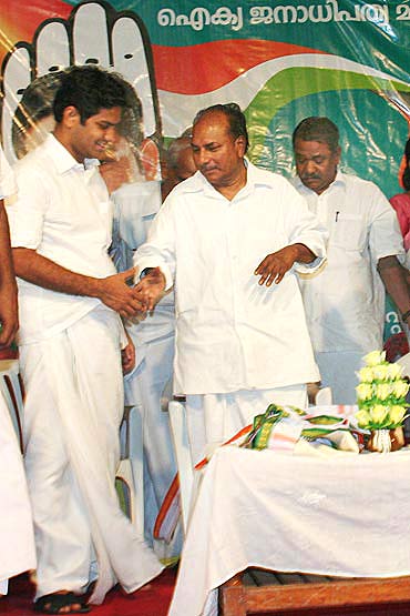 Hibi Eden at an election rally with Defence Minister A K Antony