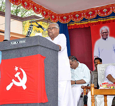 Former Kerala chief minister V S Achuthanandan addresses a public rally