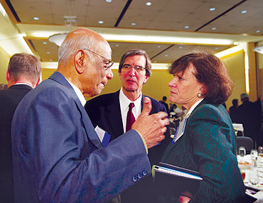 Dr V S Arunachalam (left) speaks to Jessica Mathews, president, of the Carnegie Endowment for International Peace (right) as George Perkovich, director of Carnegie's nonproliferation program and the author of the seminal book, India's Nuclear Bomb, looks on