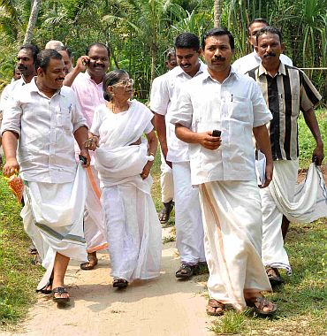 K R Gowri Amma out campaigning in Cherthala