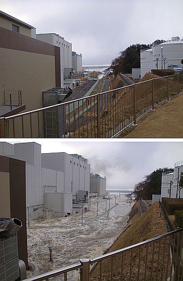 The compound of the Fukushima Dai-ni nuclear power plant is seen the moment before a tsunami hit (top) following the March 11, 2011 earthquake, and after (bottom), as water rushes into the compound in Fukushima prefecture, northern Japan, in combination picture made of two handout photos released by Tokyo Electric Power Co to Reuters