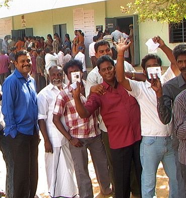 Voters in queue at a polling booth to cast their vote at Chengalpattu constituency
