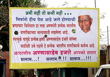 Banners put up in Anna Hazare's support, in his village Ralegan Siddhi, where Anna returned to a hero's welcome on April 11 after breaking his 97-hour long fast unto death in Delhi
