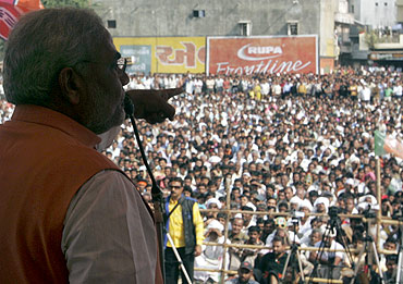 Narendra Modi addresses a public rally for the 2007 assembly elections at Godhra