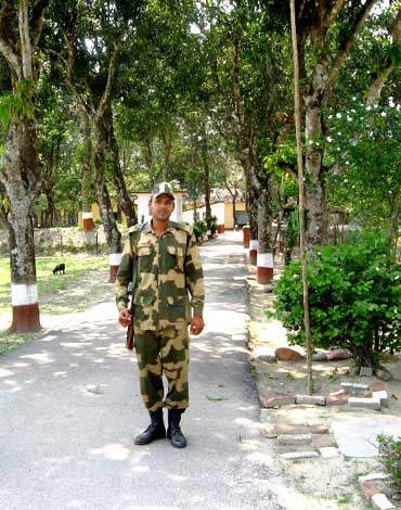 A Border Security Force jawan guards the Indo-Bangladesh border at Khalpara in Haldibari