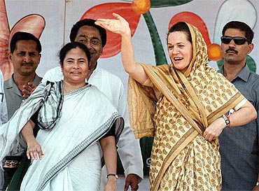 Trinamool Congress chief Mamata Banerjee with Sonia Gandhi