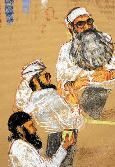 A sketch shows Khalid Sheikh Mohammed (top), Walid Bin Attash, (2nd from top), and Ramzi Bin al Shib