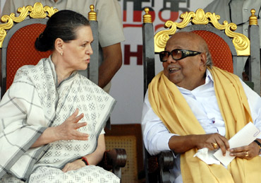 Congress president Sonia Gandhi with DMK supremo M Karunanidhi