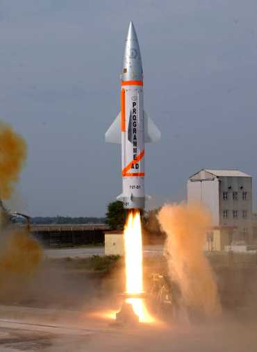 A modified Prithvi missile, simulating the enemy target, is launched from the integrated test range at Chandipur-on-sea for the advance air defence missile test