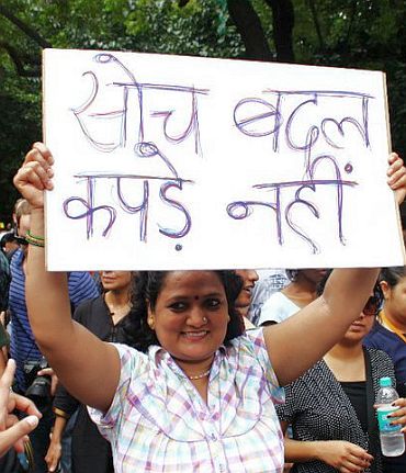 Women voice their views at a slut-walk in Delhi, India