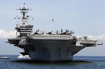 US navy's USS Carl Vinson aircraft carrier, where Osama bin Laden was given burial ritual, is seen anchored off the Manila bay.