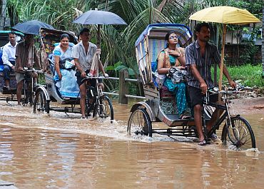 A waterlogged road in Guwahati following flash floods in August 2011.