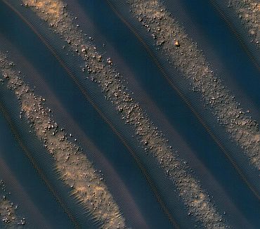 Dunes of sand-sized materials have been trapped on the floors of many Martian craters. This is one example, from a crater in Noachis Terra, west of the giant Hellas impact basin