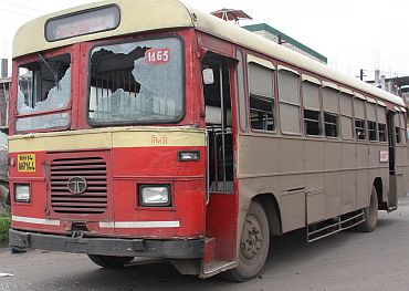 This State Transport Corporation bus too faced the brunt of agitators