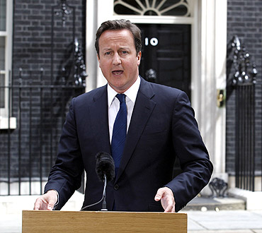 Britain's Prime Minister David Cameron gives a statement outside 10 Downing Street in London
