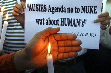 A candlelight vigil protests against the attacks on Indian students in Australia
