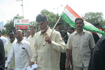TDP chief Chandrababu Naidu in a protest rally in Hyderabad on Tuesday