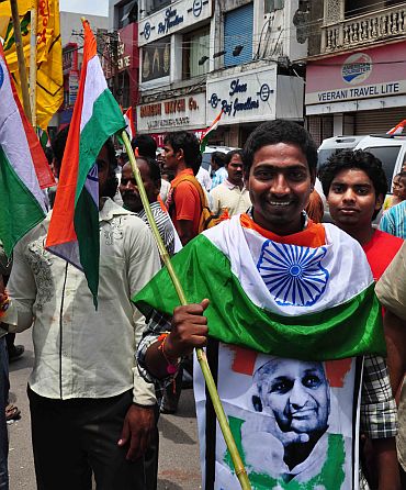 A supporter of Anna Hazare protests in Hyderabad on Wednesday
