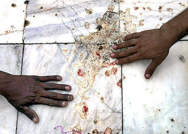 The blood-stained marble floor of the Data Darbar Sufi shrine in Lahore, hours after a suicide blast